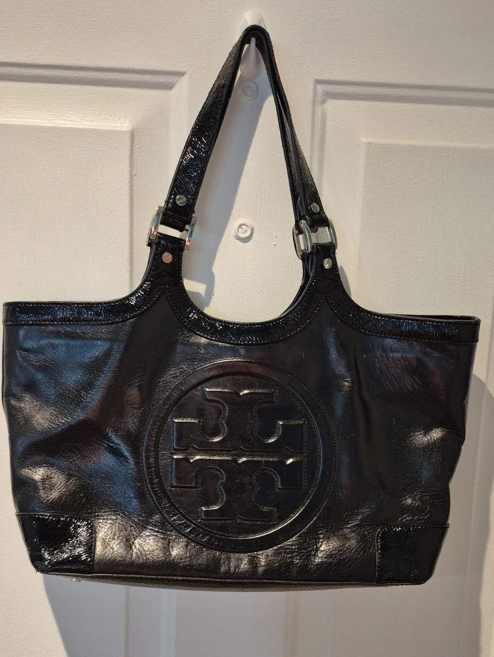 Tory Burch Leather & Patent Bombe Tote Bag in Black - Picture 1 of 14